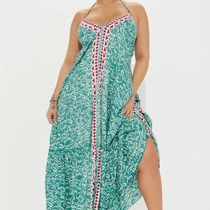 Maxi Dress Halter Beach Boho Printed Flowy Teal Green NEW NWT